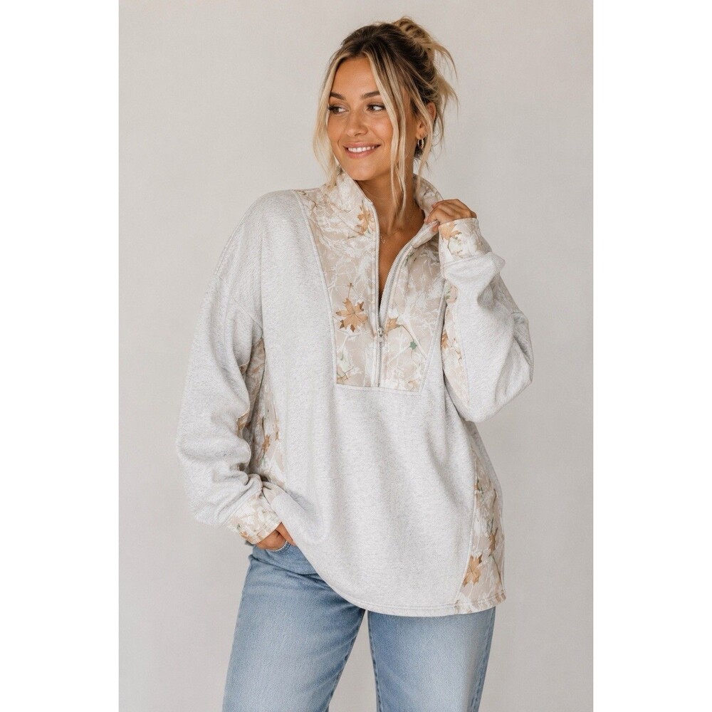 Heathered Gray Cream Beige Realtree Camo 1/4 Zip Soft Sweatshirt Oversized 2X